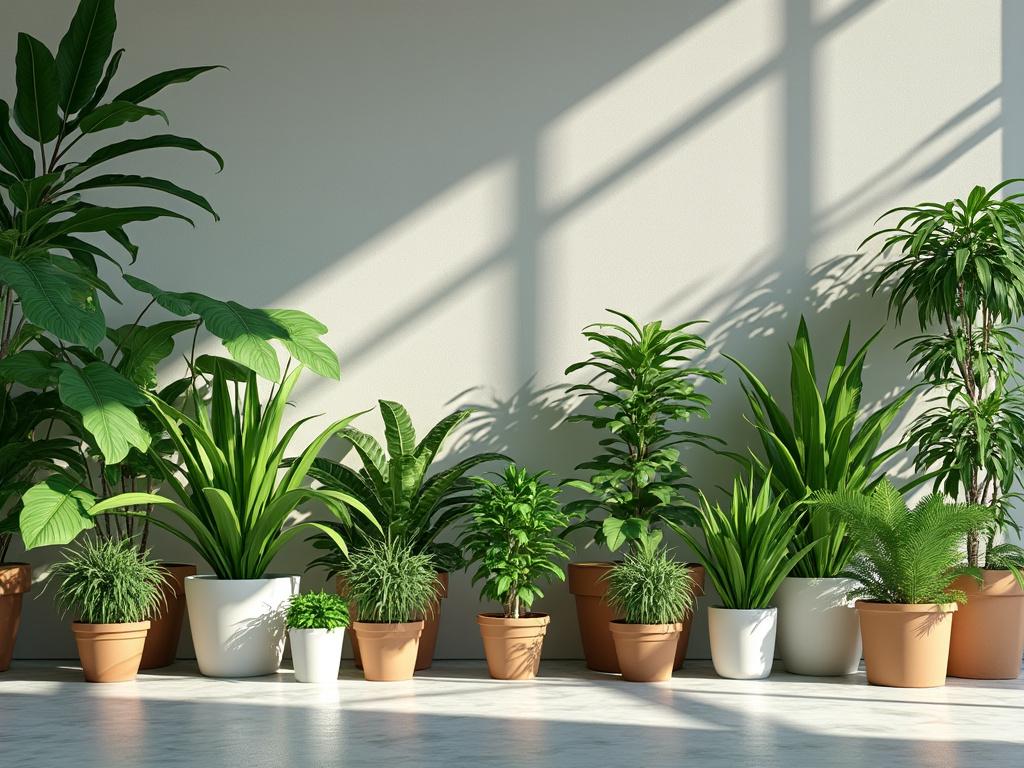 Sunlit interior with various potted green plants against a light wall.