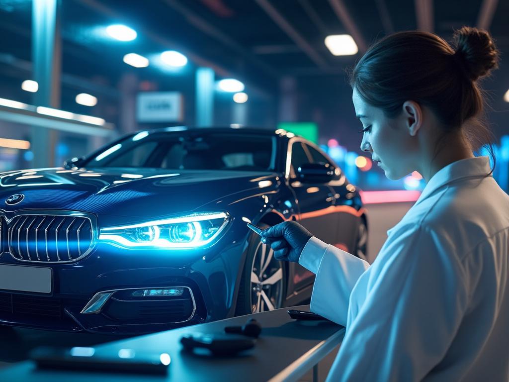 Engenheira inspeciona os faróis de um carro BMW azul em uma oficina moderna.