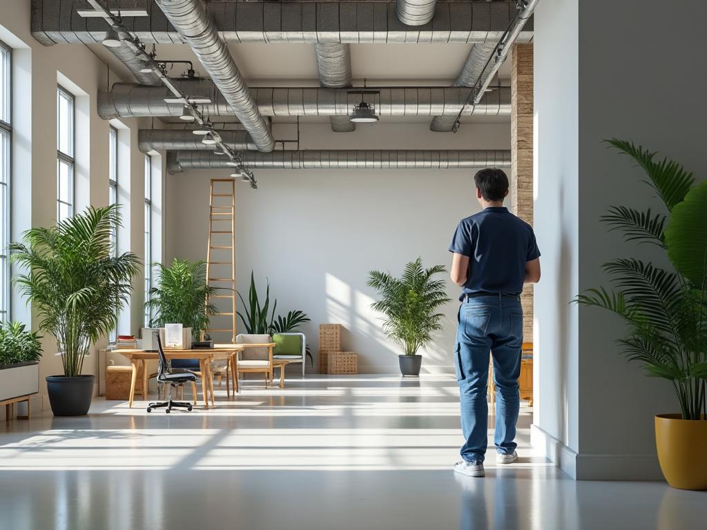 Homme dans un bureau moderne avec des plantes vertes et de grandes fenêtres