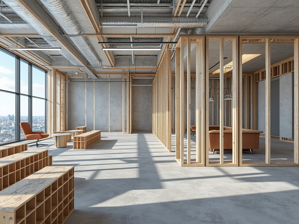 Modern open office interior with exposed ceiling ducts, wooden glass partitions, minimalist seating, and large windows overlooking the city