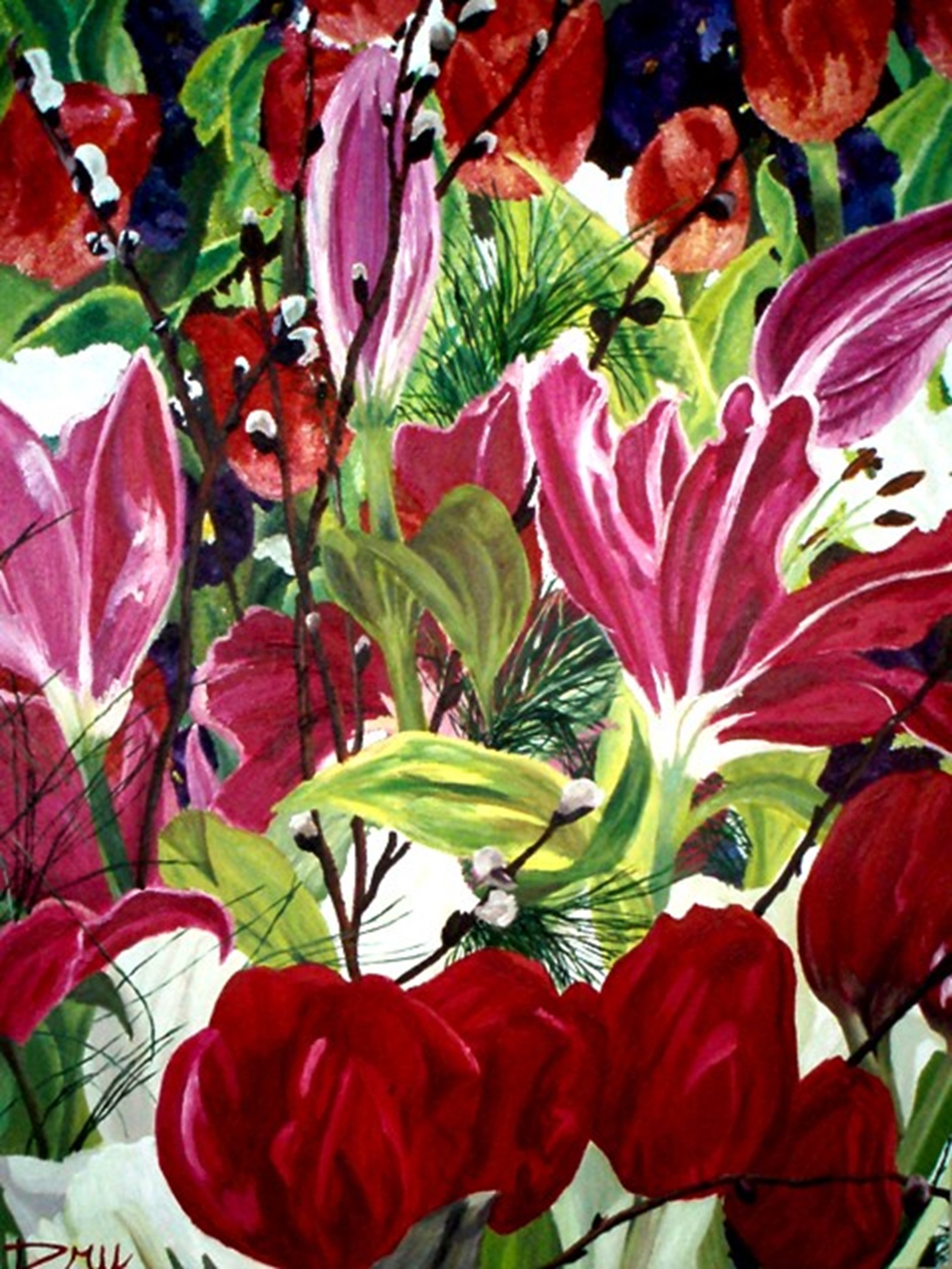 Fresh Cut Flowers in Front of the Tulips Painting, 40"X30" , Acrylic on Canvas, 2011
