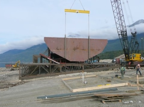 Transverse watertight bulkhead being fit-up.