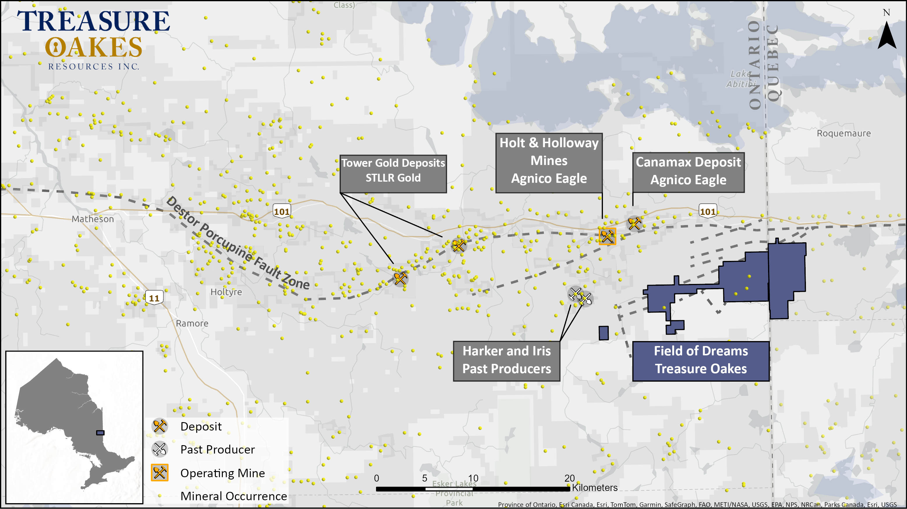 Map highlighting Treasure Oakes Resources mining areas, featuring deposits, past producers, operating mines, and the Destor Porcupine Fault Zone in Ontario and Quebec.