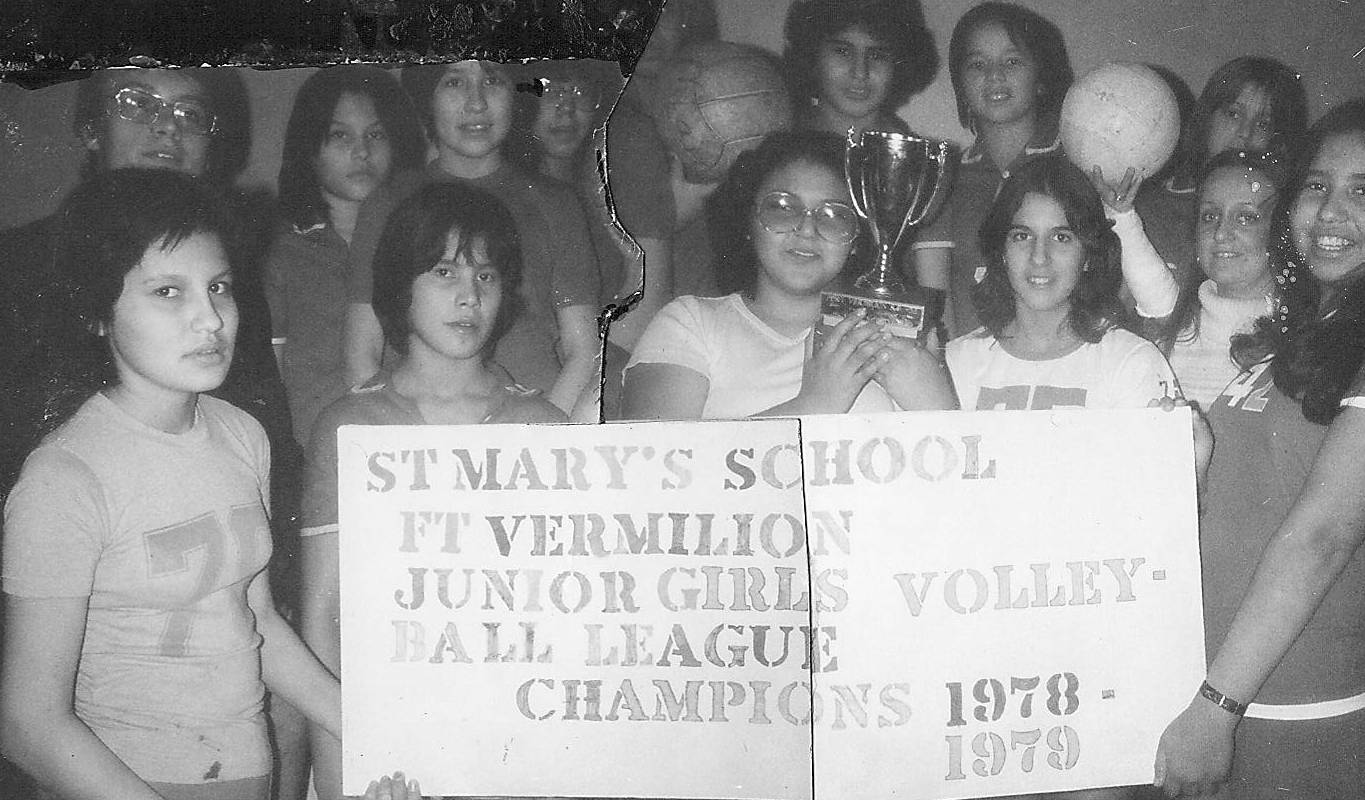 A photo of champions - many of which may be on Facebook! If you recognize someone tag them so they can relive this wonderful memory! We can then also update our records - as currently they are labelled as "Unknown Athletes".

--EDIT--

Back row: Arlene Courtoreille, Pam Cardinal, Lorraine Mercredi, Lynette Cardinal, Darlene Paul, Gail Rosenburger.

 Front row: Val Courtoreille, Norma Mitchell, Belinda Lafferty, Suzanne Rosenburger, Perl Cardinal
2000.35.02.62 / Bell, Lorna