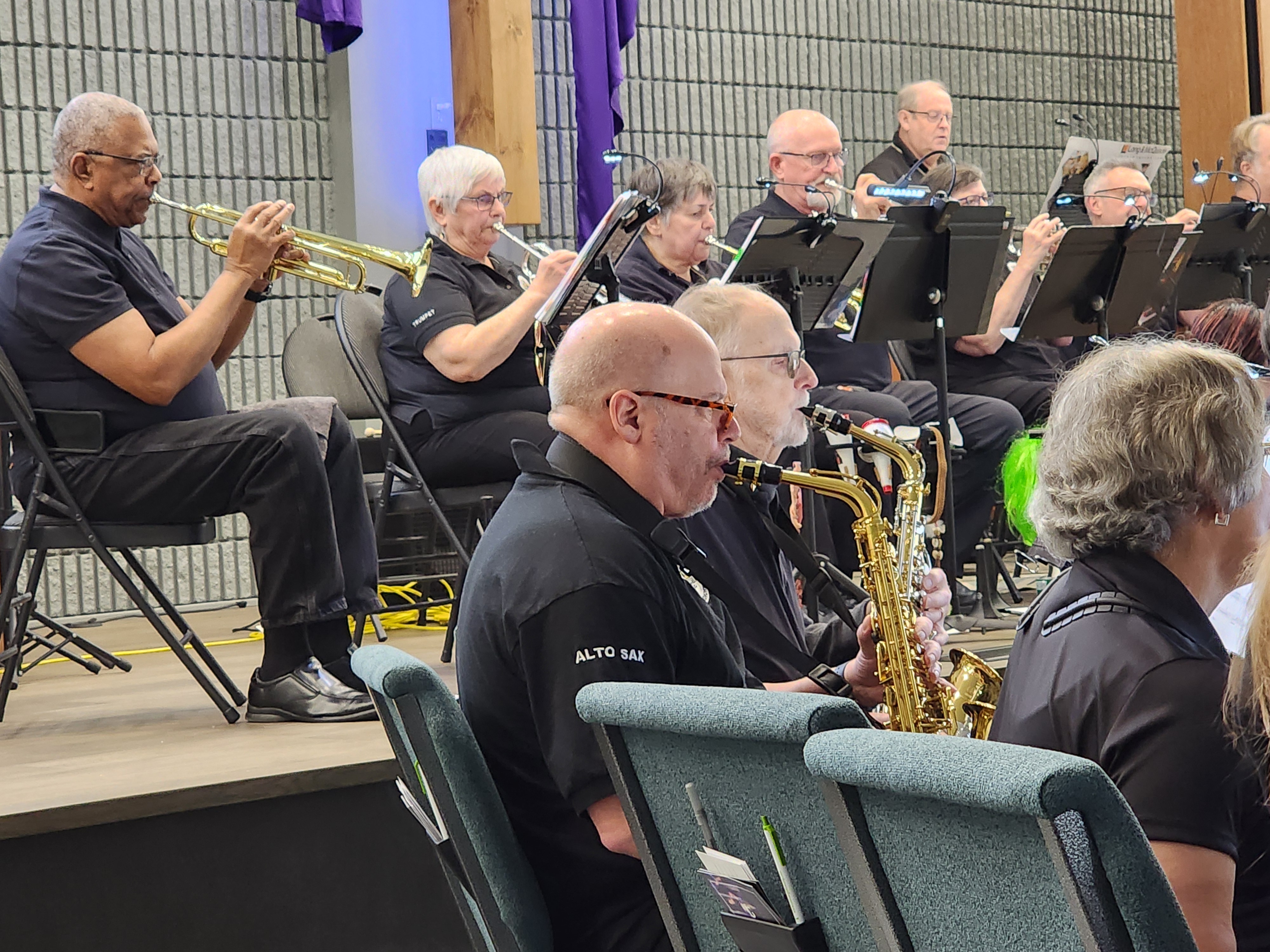 Brass and Saxophone Section of Lakeshore New Horizons Band at the FBC Baptist church Cobourg Ontario April 2025.