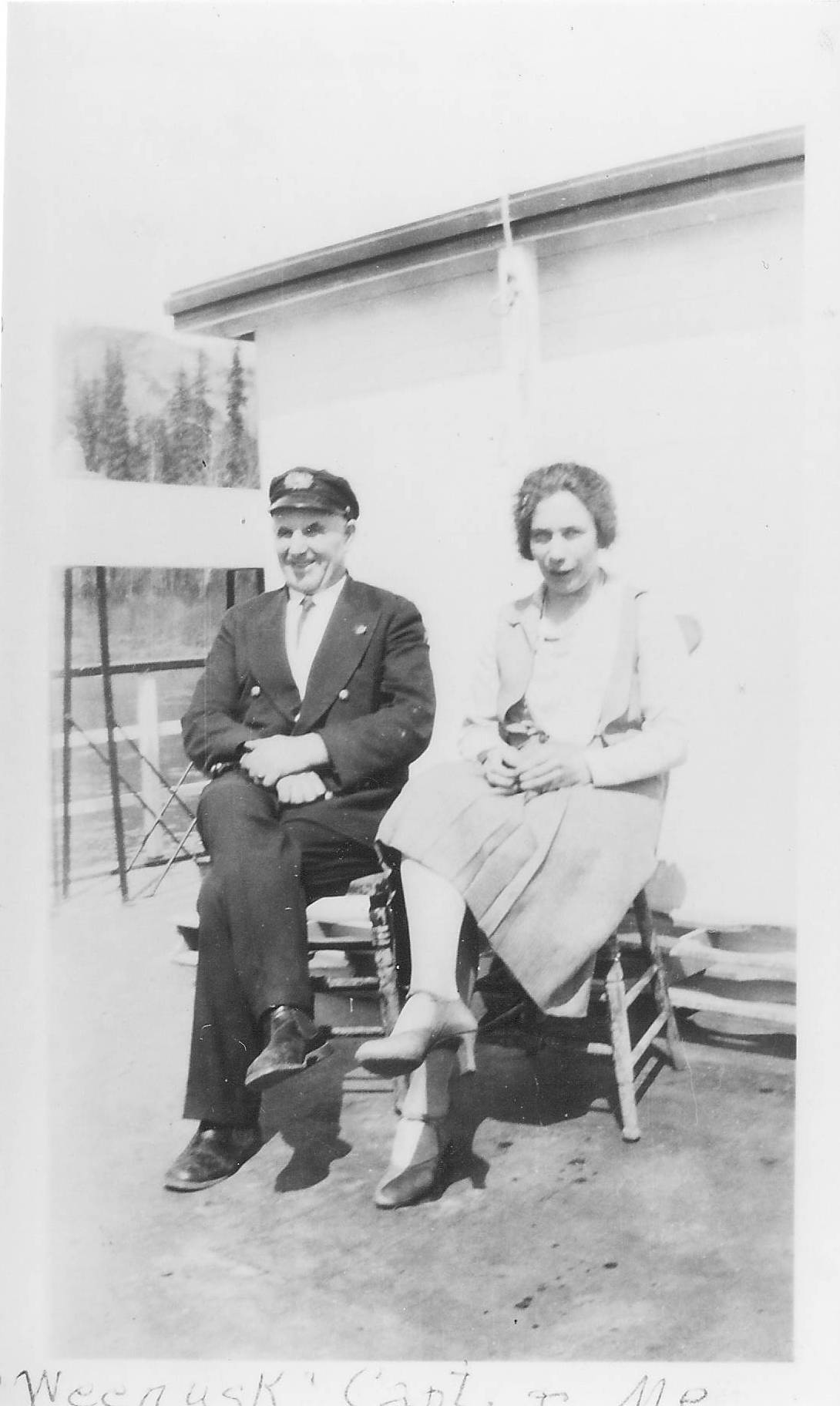This photo is simply described as "Mary Ardley with the Weenusk captain". The Weenusk was a motor boat that was built in Vancouver, shipped by rail to Peace River town, and operated on the Peace River from 1920 to 1938. It was a HBC boat and later replaced by the Weenusk II. Anyone recognize who the captain of the Weenusk might be?
990.4.1.44 / Ardley, Mary
