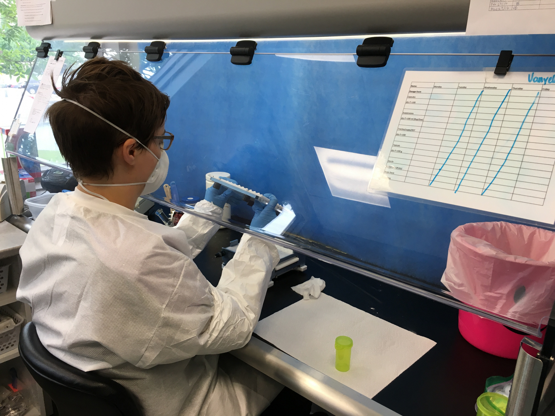 Lab technician wearing PPE and face mask working with samples inside a biosafety cabinet