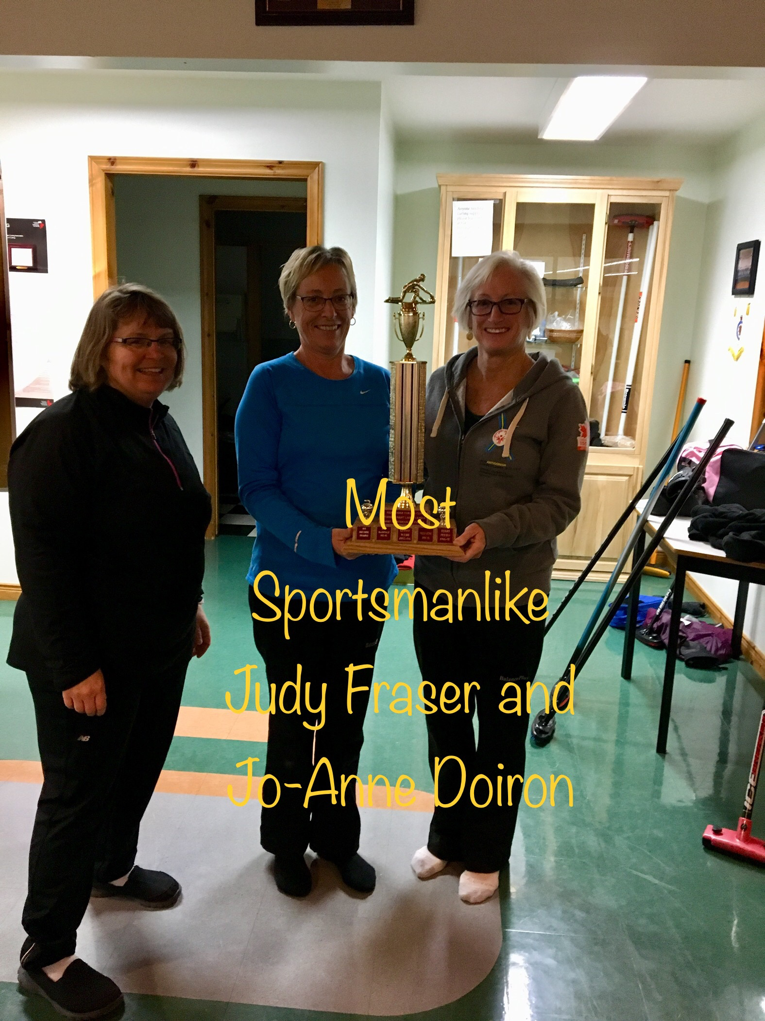 Tuesday Night Ladies Most Sportsmanlike: Judy Fraser (middle) and Joanne Doiron (right)
Presented by Colleen MacDougall (left)