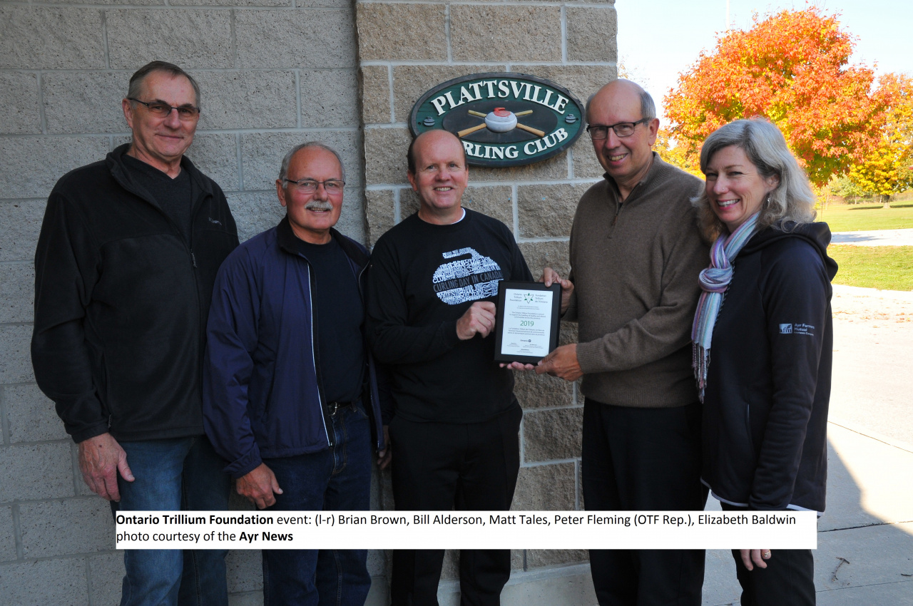Ontario Trillium Foundation recognition event: l-r Brian Brown, Bill Alderson, Matt Tales, Peter Fleming (OTF Rep), Elizabeth Baldwin (photo courtesy of the Ayr News) Ontario Trillium Foundation recognition event: l-r Brian Brown, Bill Alderson, Matt Tales, Peter Fleming (OTF Rep), Elizabeth Baldwin (photo courtesy of the Ayr News)