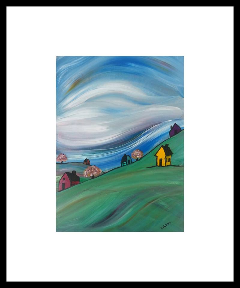 "Village Under the Sky" [2015]
Acrylic on paper. 8" x 11" (image). 15" x 18" (framed).
SOLD