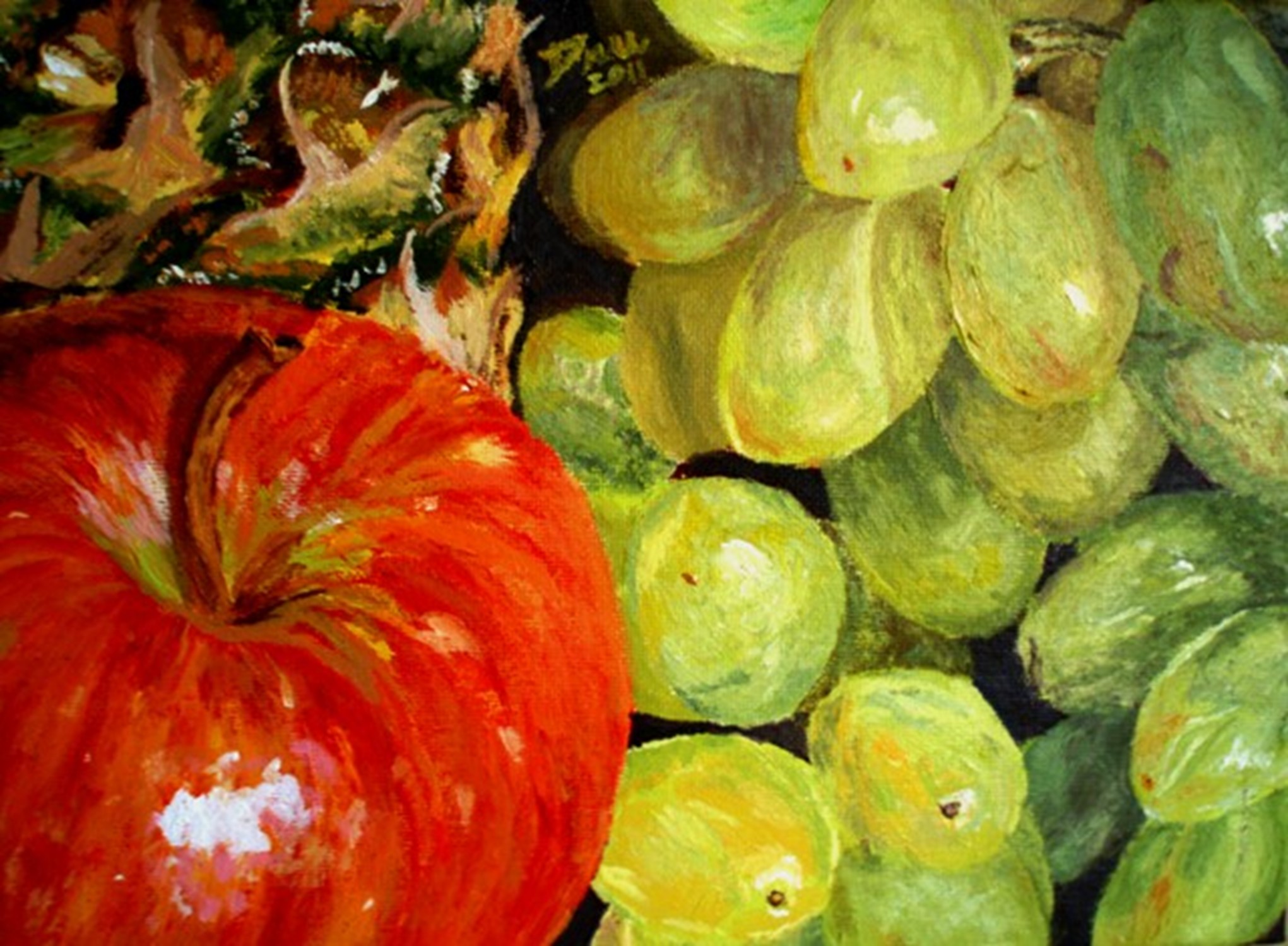 Red Apple, Green Grapes & Pineapple, 9"X12", 2011, Acrylic on Canvas