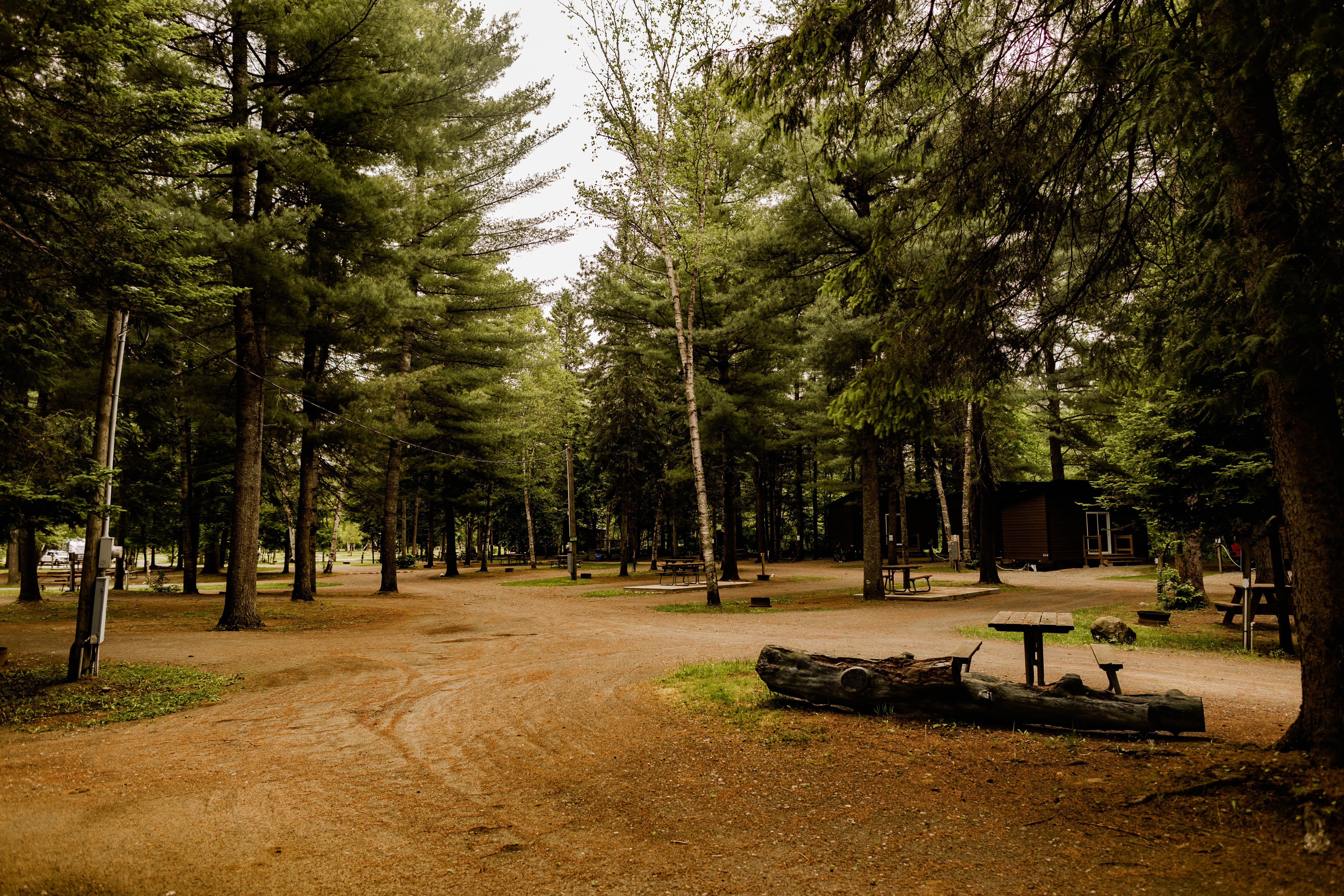 Paysage de montagne avec rivière, chalets, tente, et personnes sur des bouées.