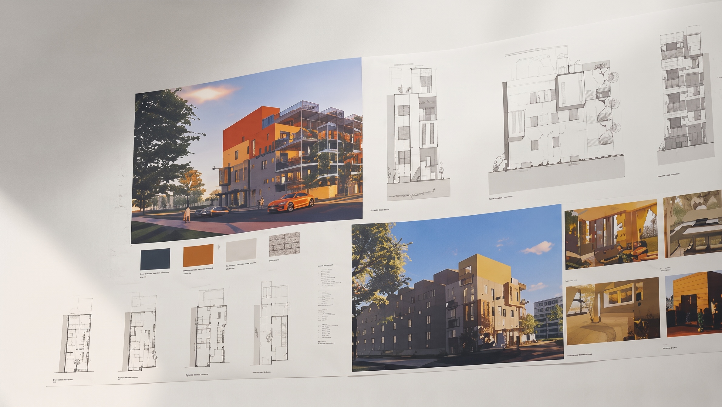 Équipe d’architectes collaborant sur plans de construction et maquettes 3D dans un bureau moderne