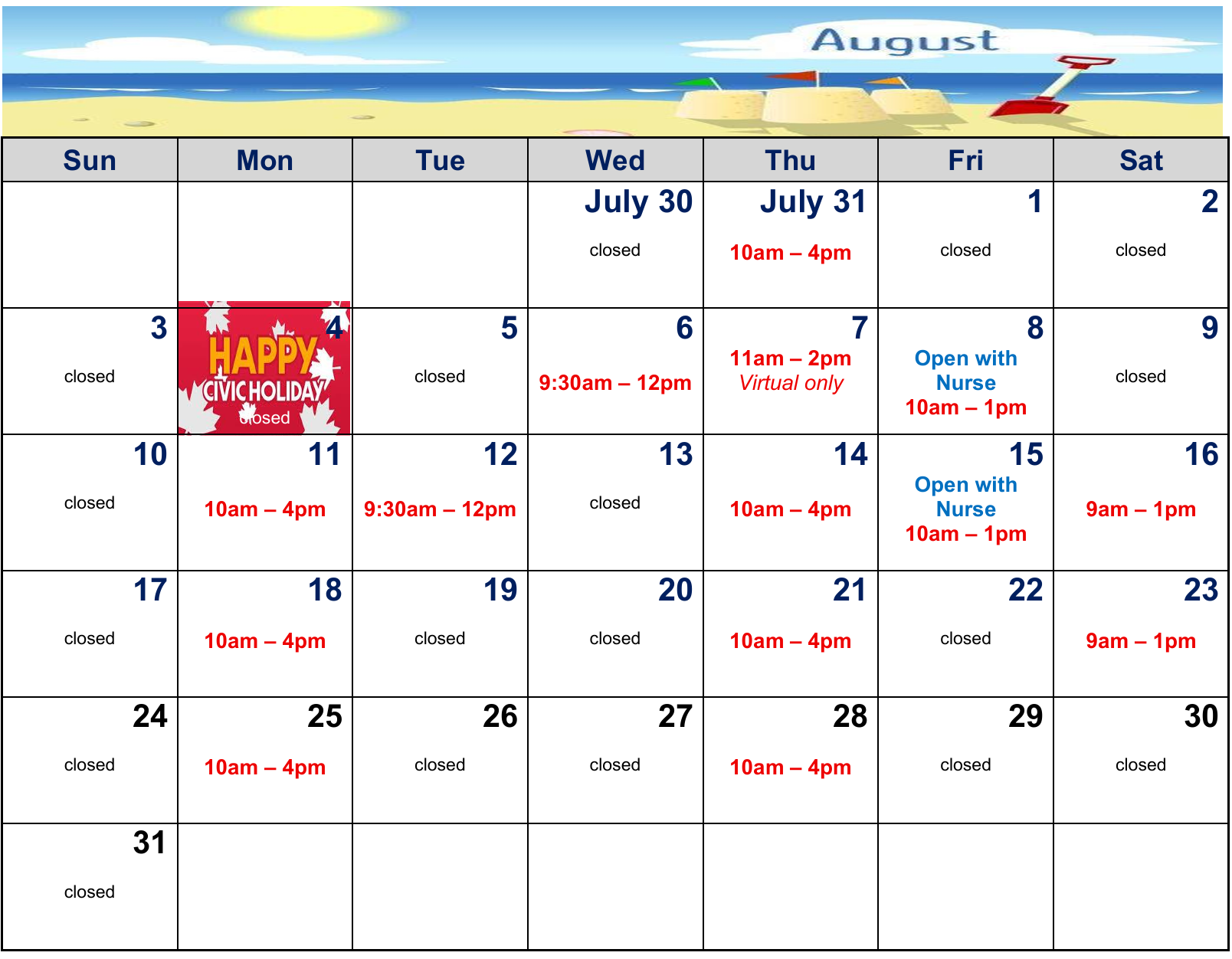 Clinic hours for this month