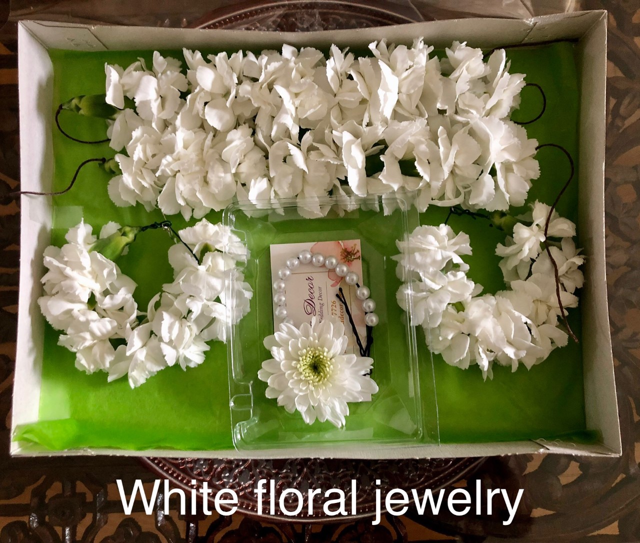 $51 white carnation gajras and earings and daisy tika 