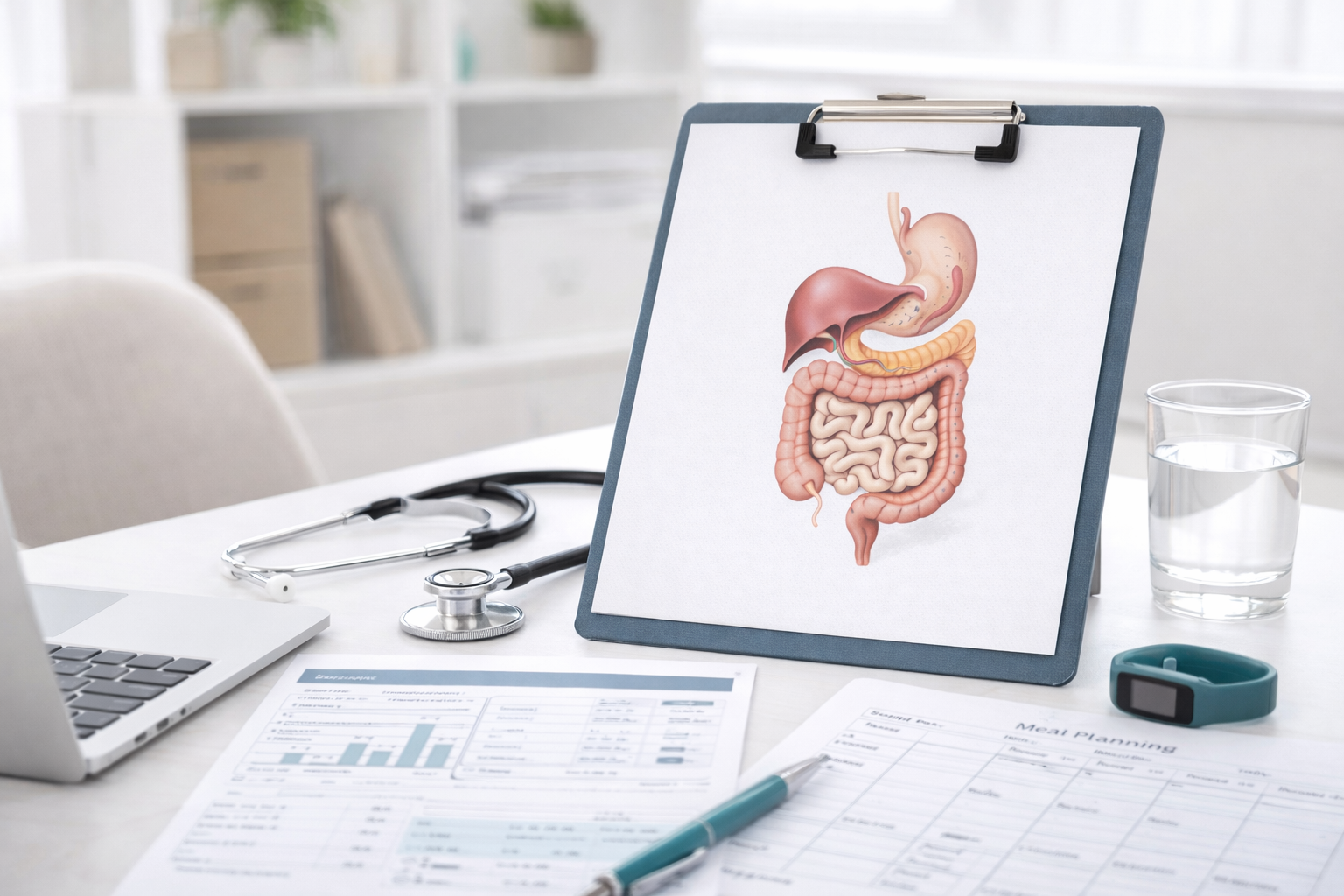 Smiling female doctor with stethoscope, wearing a white coat, standing in a bright hospital corridor.
