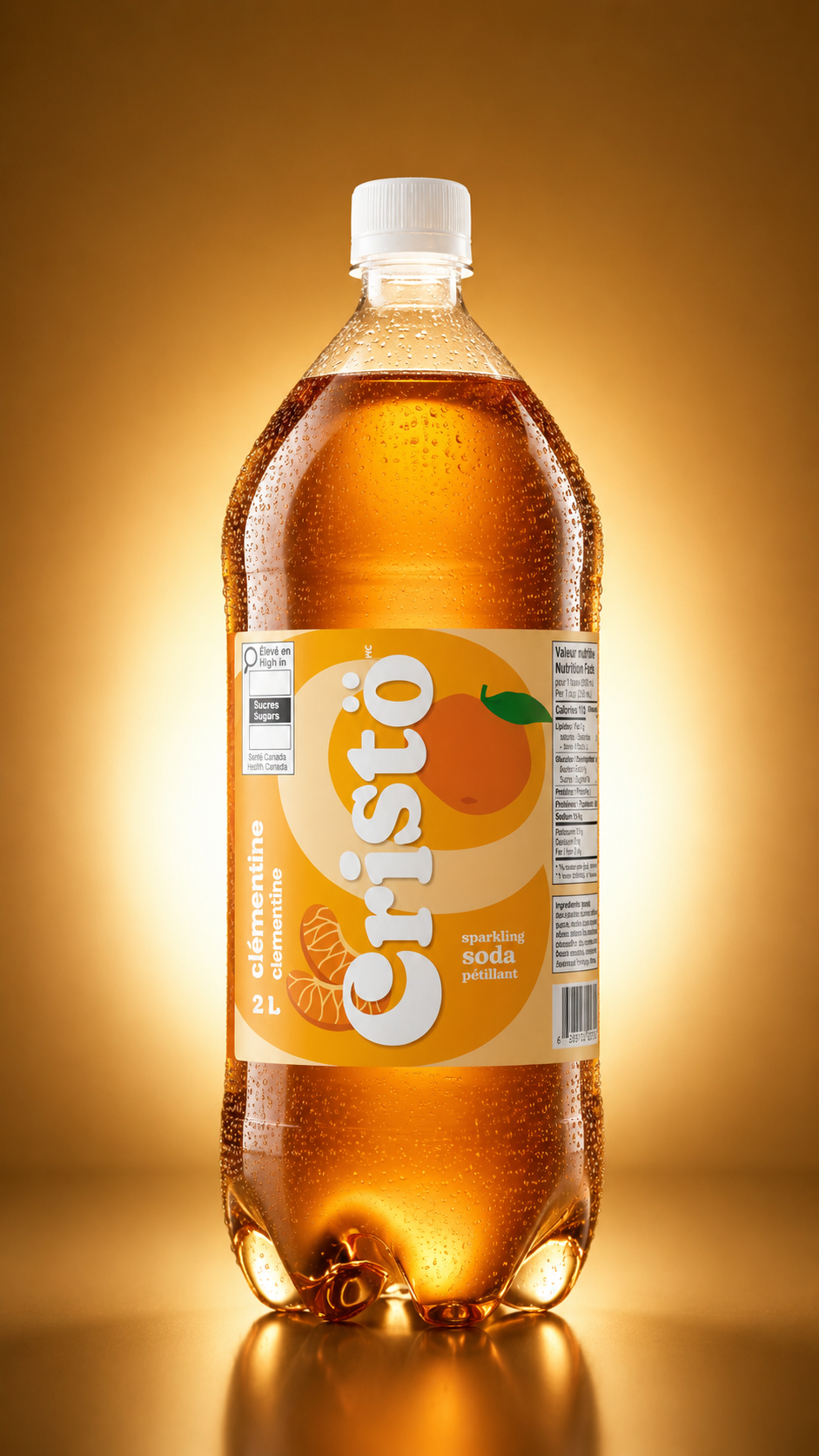 A cold bottle of fizzy soda with a red cap on a wooden table in a brightly lit grocery store aisle.