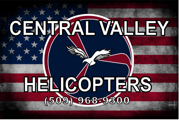 Central Valley Helicopters logo featuring an eagle graphic over a stylized American flag background with contact number (509) 968-9300.