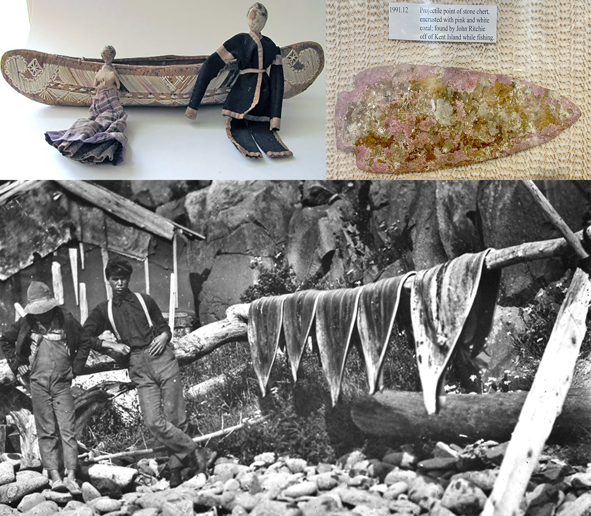 Maliseet and Passamaquoddy artefacts & Passamaquoddy at Indian Beach on Grand Manan drying seal skins