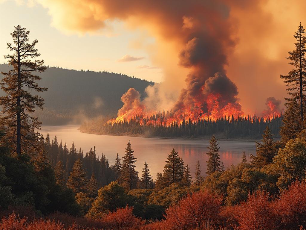 Wildfire burning through forest near a lake with dense smoke rising, surrounded by pine trees.