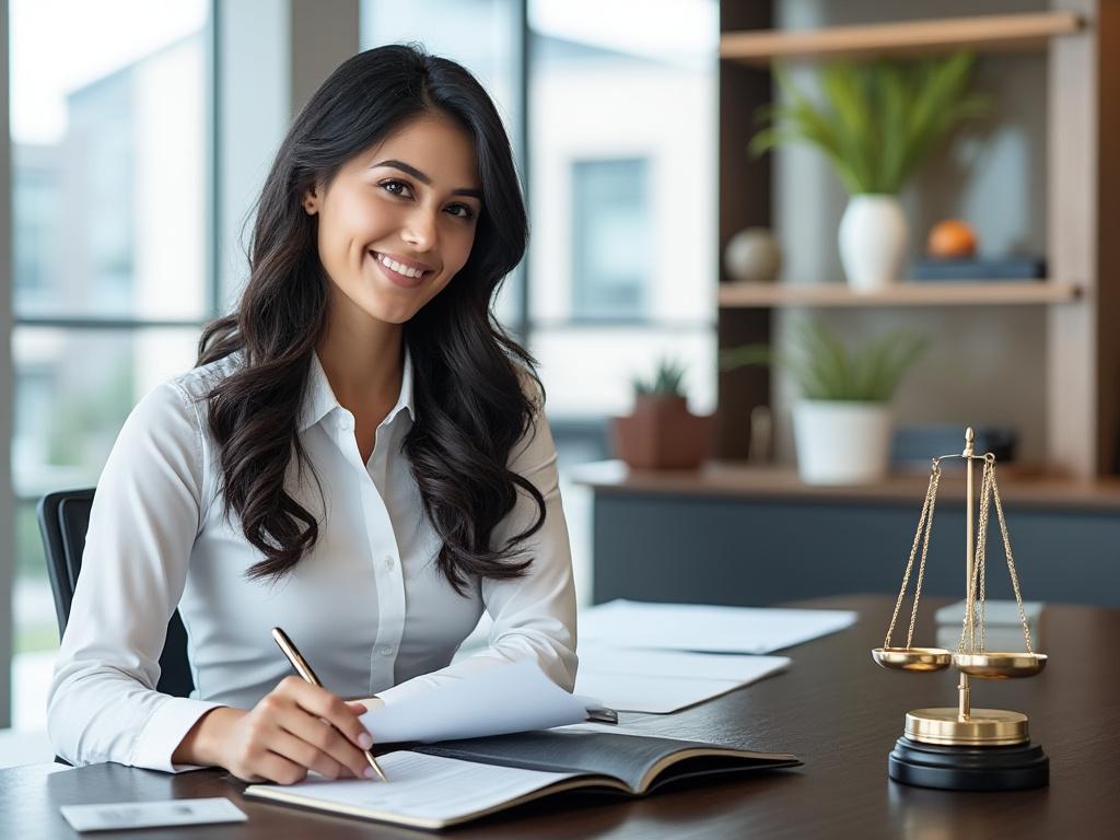 Smiling woman in a white blouse sitting at a desk with legal balance scale and documents, modern office setting.
