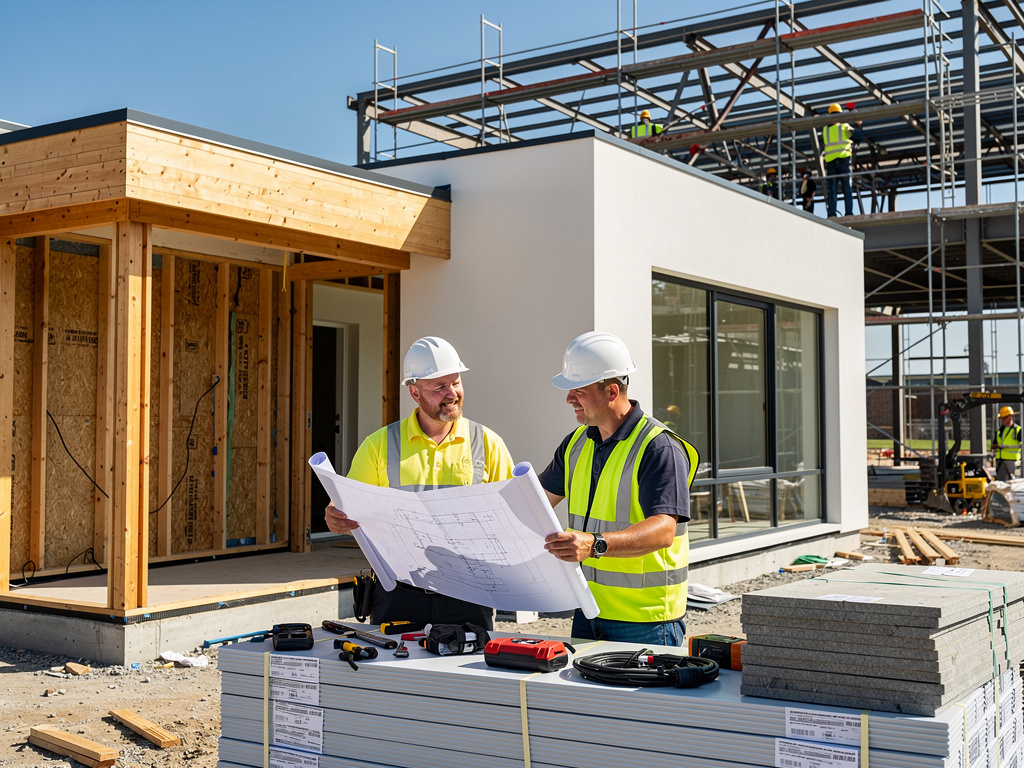 Construction workers in hard hats reviewing blueprints at modern building site with steel framing and materials