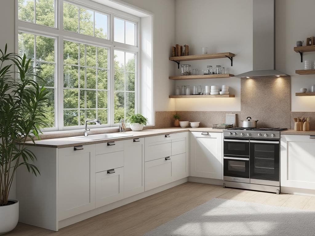 Modern kitchen with large window, white cabinets, open shelving, and stainless steel appliances.