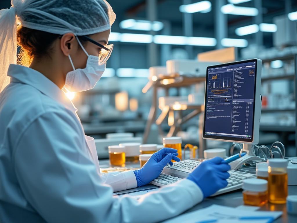 Laboratory technician analyzing data on a computer surrounded by samples and lab equipment.