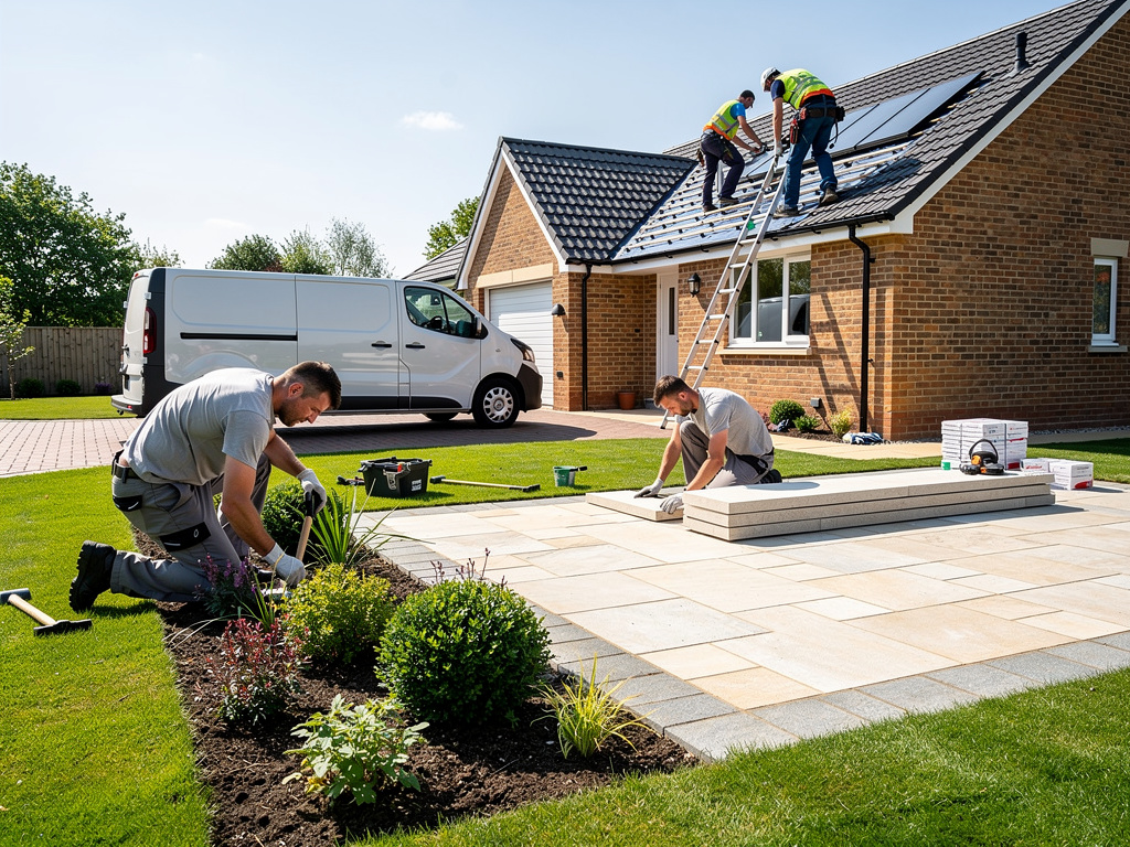 Home renovation crew landscaping garden, laying patio slabs, and installing roof solar panels on brick house Home renovation crew landscaping garden, laying patio slabs, and installing roof solar panels on brick house