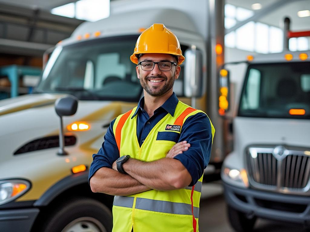 Smiling man in safety gear standing in front of two large trucks in a warehouse.