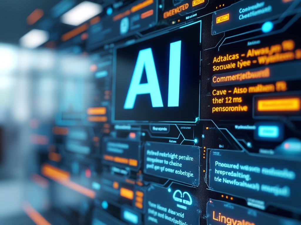 Digital interface with AI text surrounded by futuristic data panels and holographic graphics.