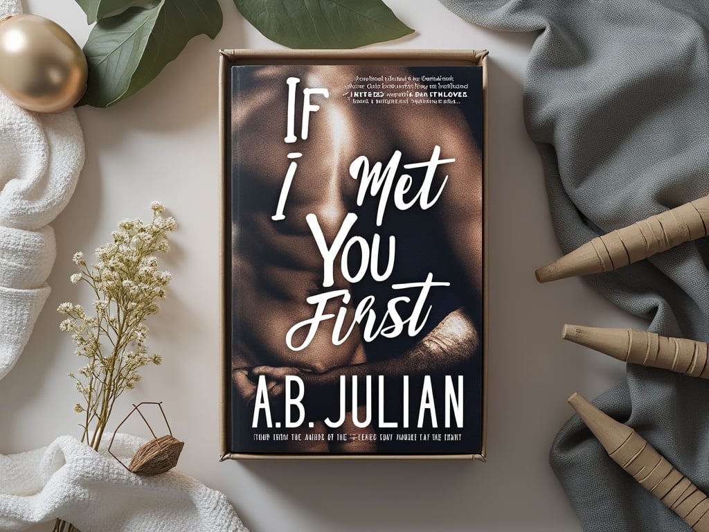 Book titled 'If I Met You First' by A.B. Julian on a table surrounded by decorative leaves and fabric.