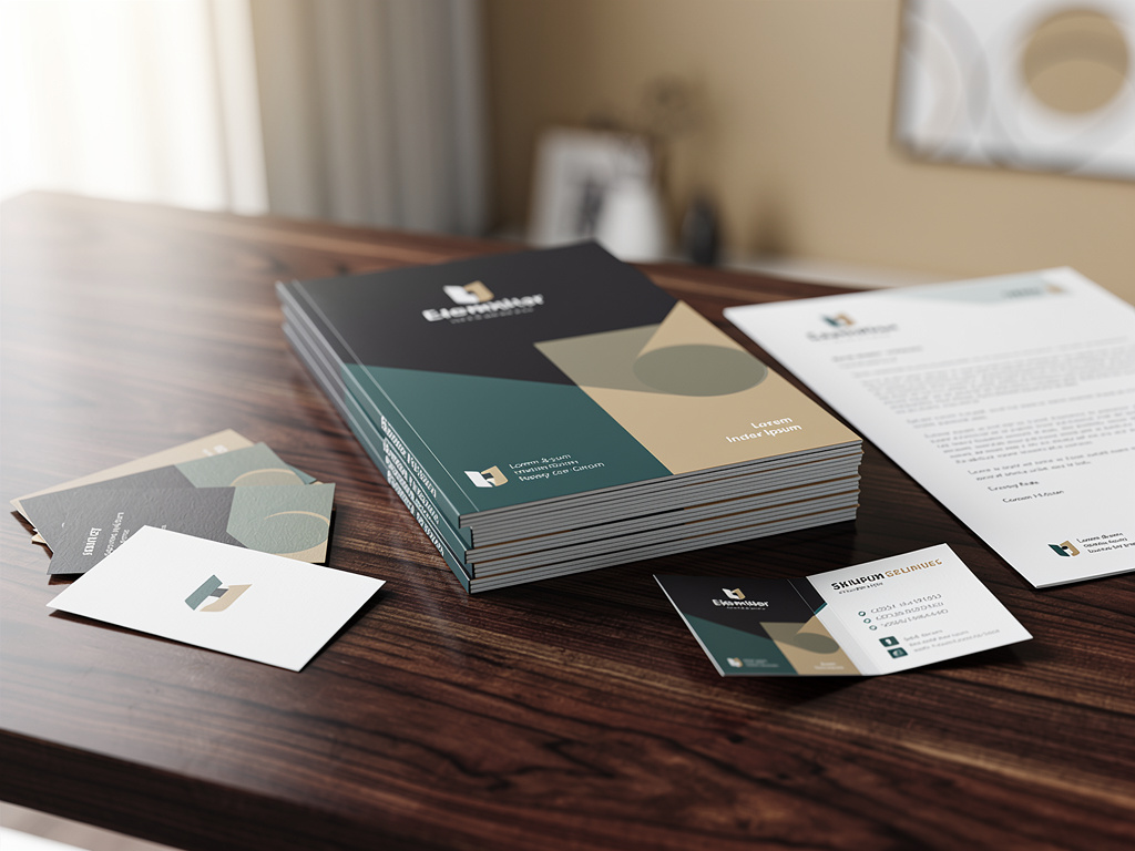 Professional corporate branding mockup with brochures, business cards, and letterhead on a wooden desk