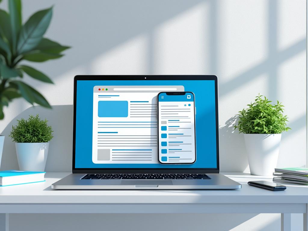 Ordenador portátil y smartphone mostrando una página web responsiva en un escritorio blanco con plantas y luz natural.