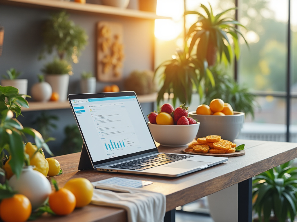 Modern home office with laptop displaying graphs, surrounded by fresh fruits and plants, sunlight streaming through large windows.