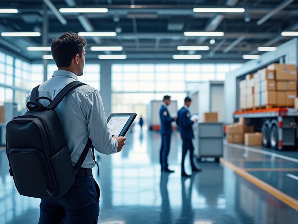 Warehouse setting with a man holding a tablet, wearing a backpack, observing two men in suits near a truck loaded with boxes.