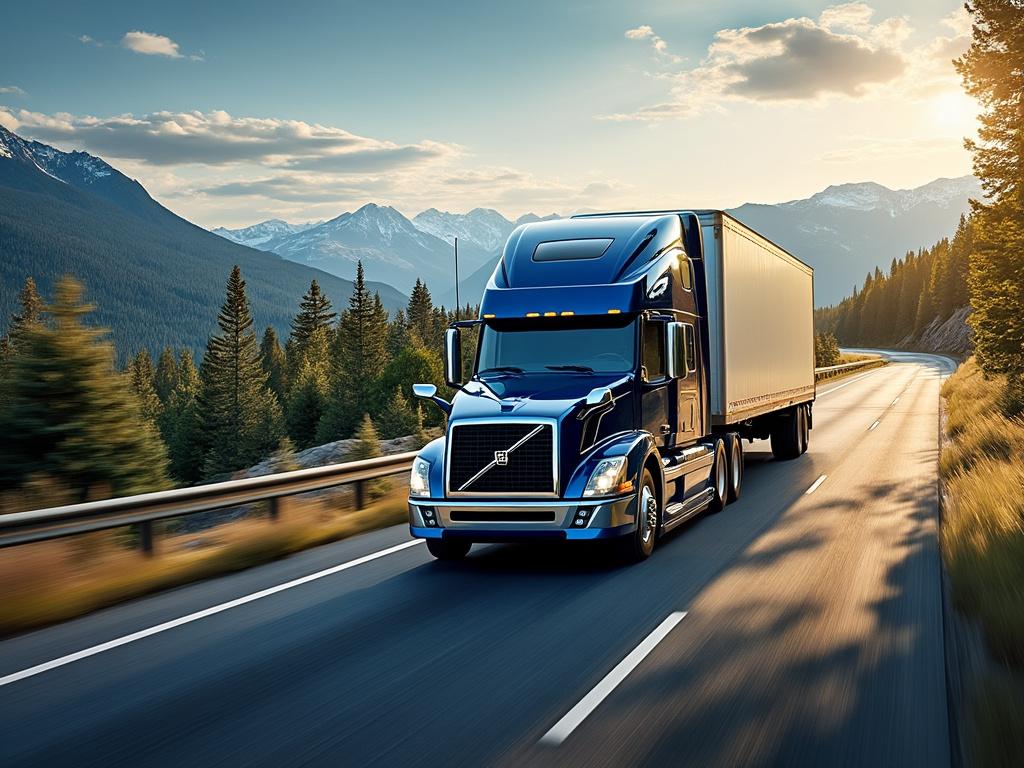 Blue semi-truck driving on a scenic mountain highway at sunrise.