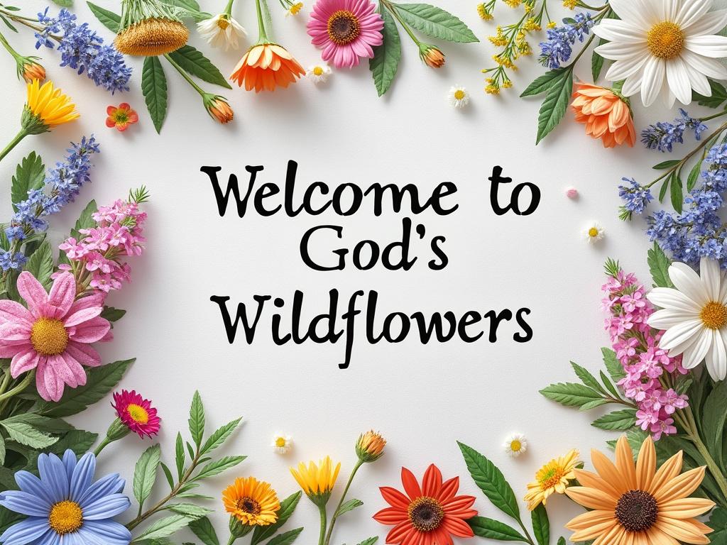 Colorful wildflowers border with the text 'Welcome to God's Wildflowers' in the center on a white background.