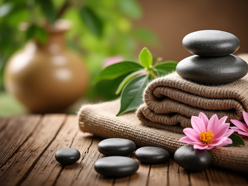 Zen spa stones stacked on burlap with a pink lotus flower and green leaves