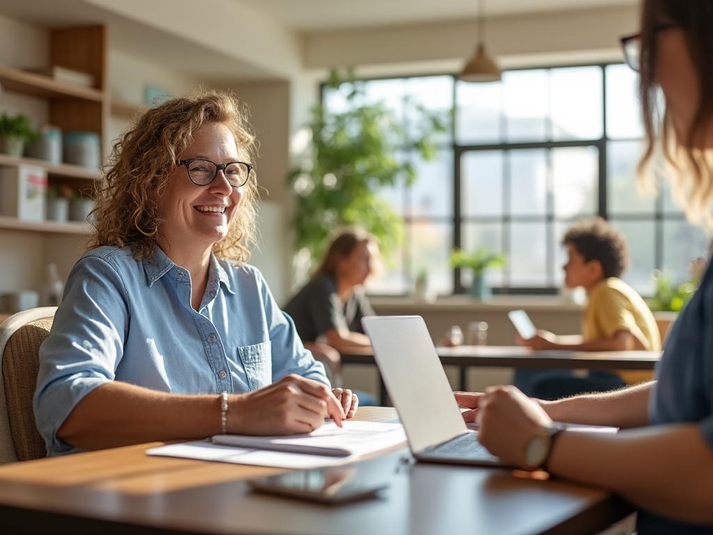 Woman smiling during a meeting in a bright office setting with colleagues working in the background.