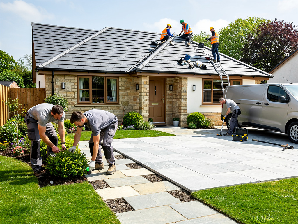 Home renovation crew installing roof tiles, landscaping garden, and laying patio paving at a modern house