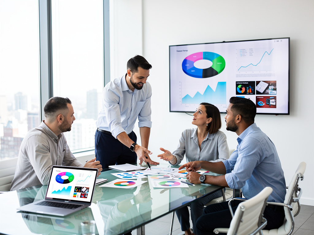 Business team discussing data analytics charts and graphs in modern office meeting