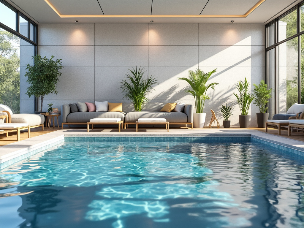 Luxurious indoor pool surrounded by modern lounge chairs and lush green plants, with soft natural lighting.