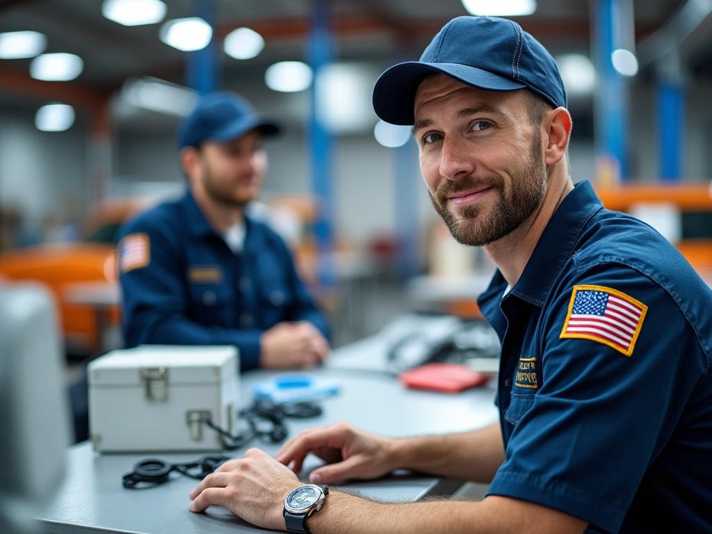 Smiling technician in uniform with American flag patch working at desk in industrial facility.
