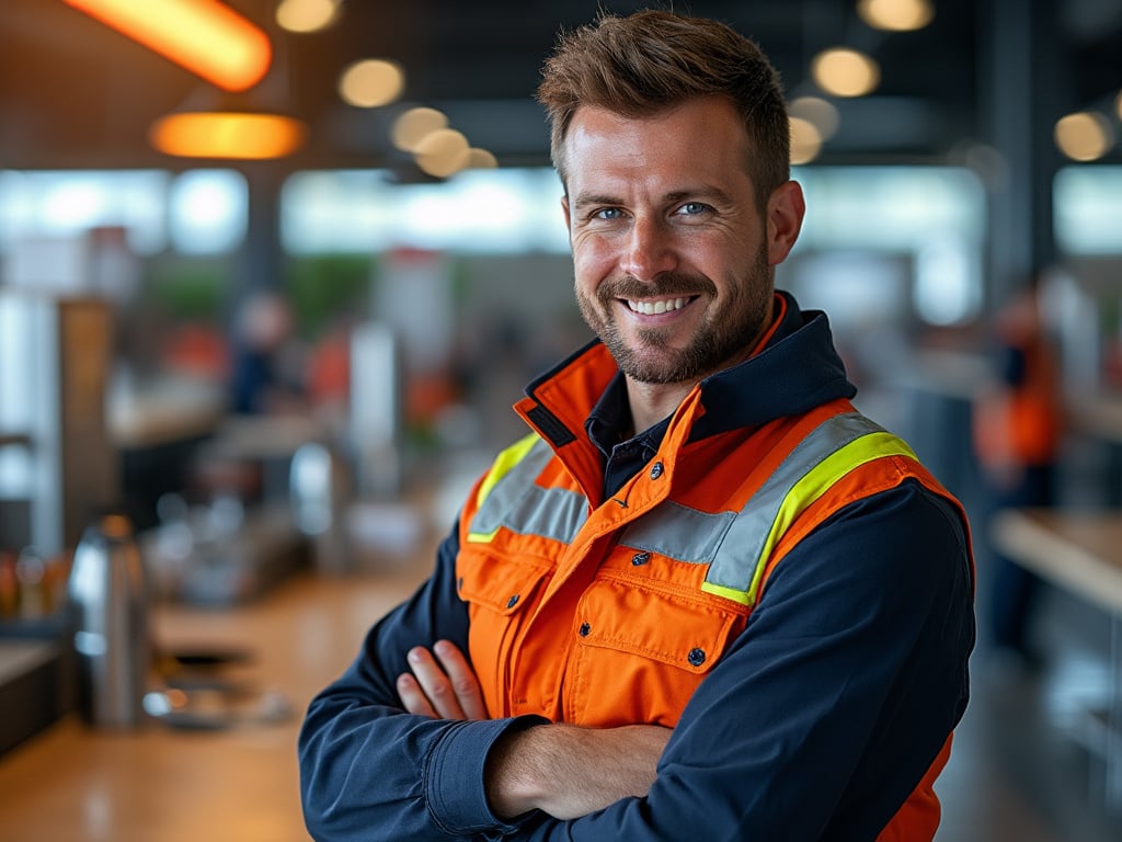 Smiling man in an orange safety vest standing confidently in an industrial setting with blurred background.