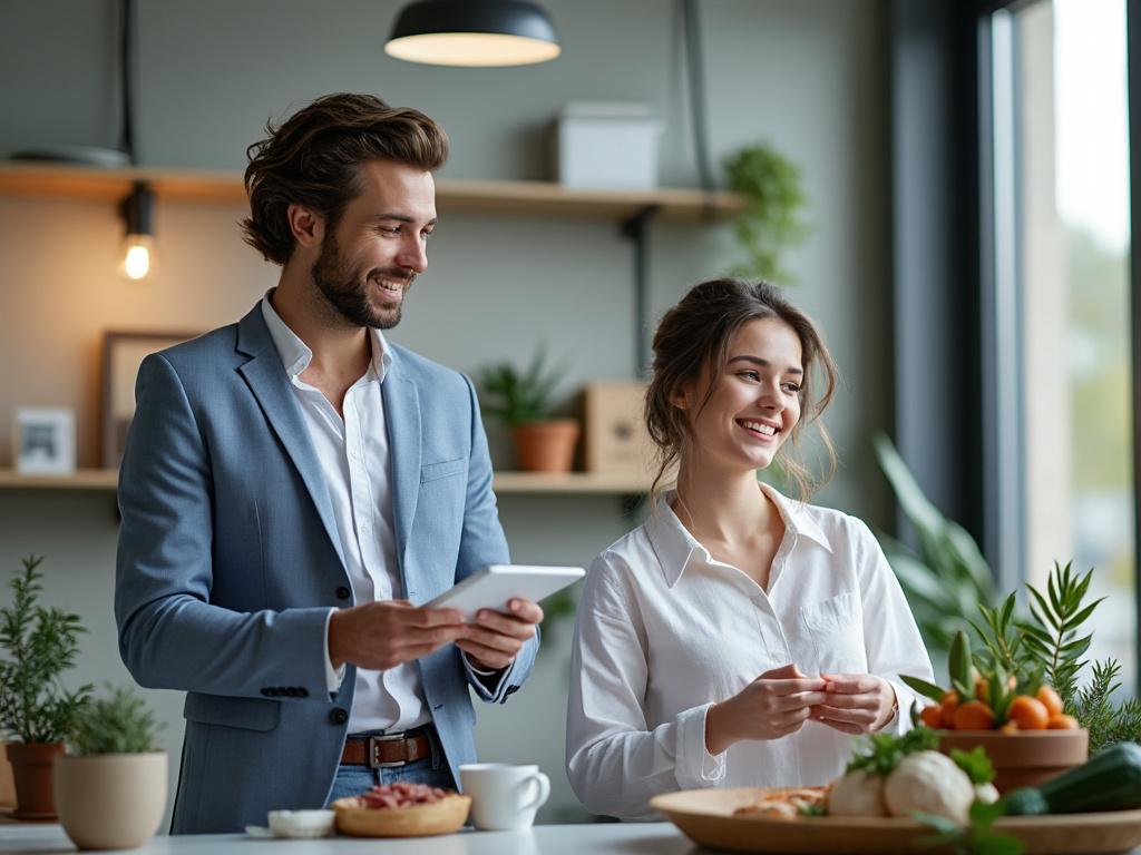 Smiling man and woman in casual office setting with indoor plants and natural light. Smiling man and woman in casual office setting with indoor plants and natural light.