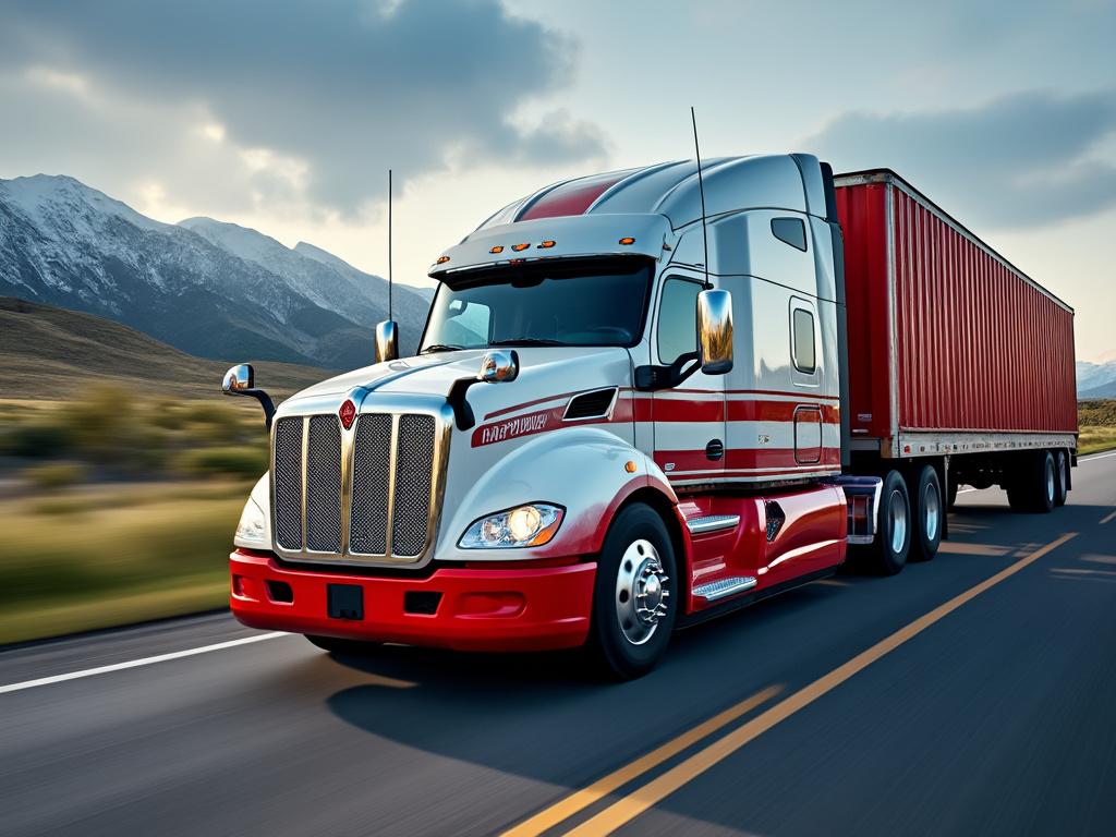 Red and white semi-truck with a trailer driving on a highway through a mountainous landscape.