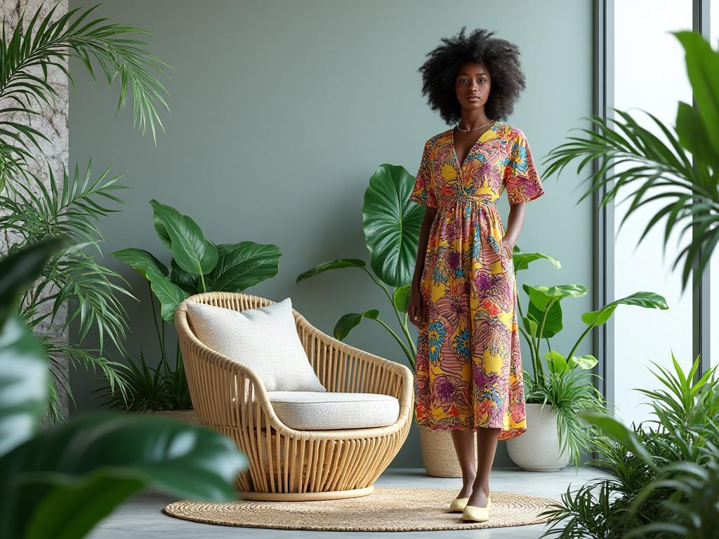 Woman in colorful floral dress standing in a modern room with green plants and a wicker chair.