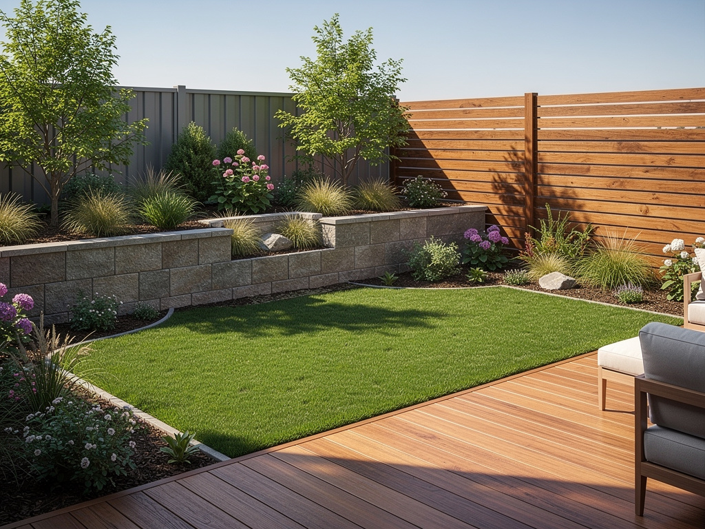 Jardín moderno con césped verde, terraza de madera, valla horizontal, muros de piedra y plantas ornamentales