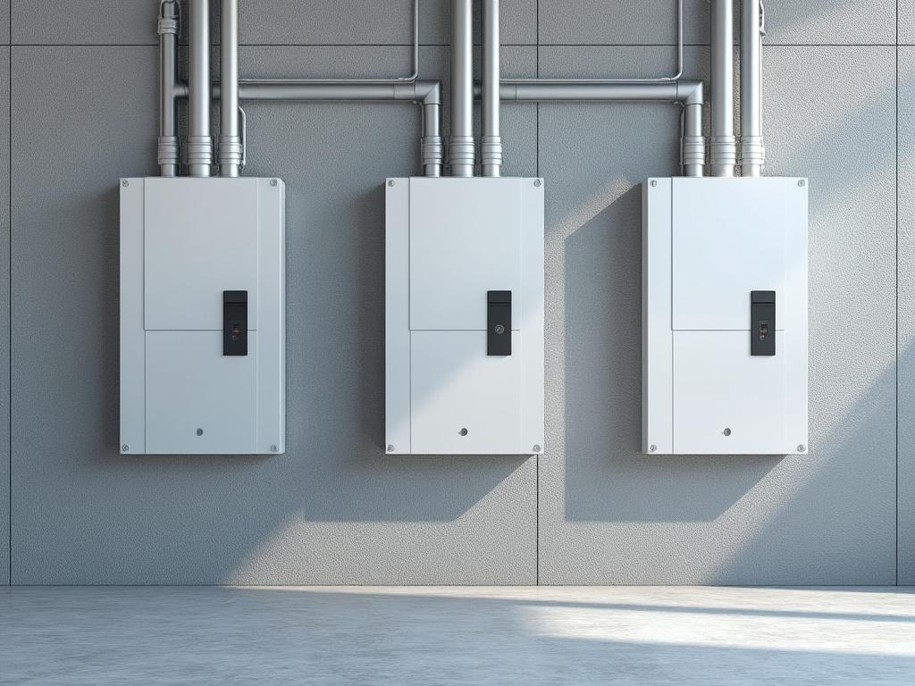 Drei weiße Schalttafeln an einer grauen Wand mit mehreren verbundenen Rohren sichtbar.